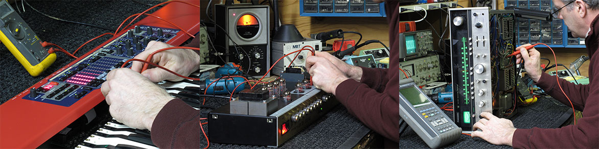 Keyboard amplifier and vintage stereo receiver on the bench for repair